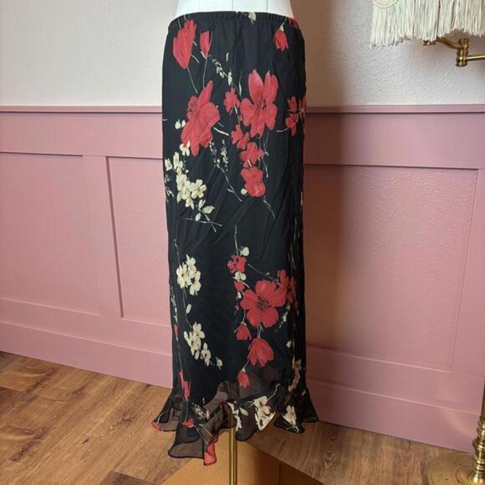 fairy cottage whimsy floral ruffle maxi skirt sz 12 red black vintage garden